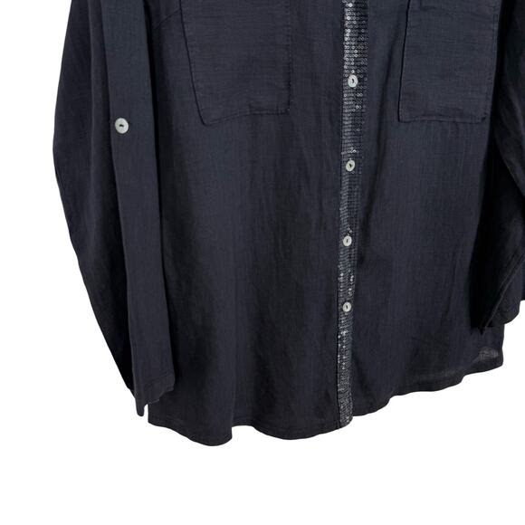 PIAZZA ROMA Sz Medium Made in ITALY Blue 100% LINEN Blouse Shirt Top Nautical - Picture 4 of 8